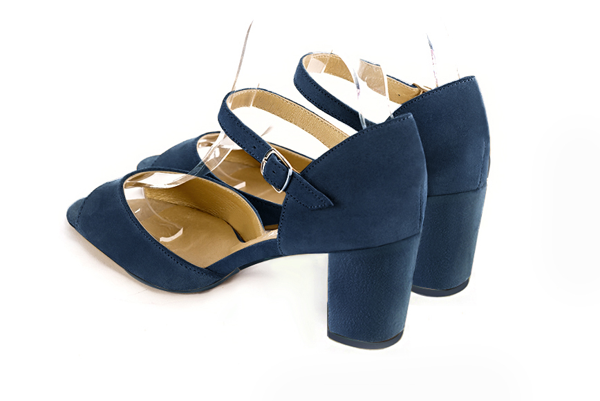 Navy blue women's closed back sandals, with an instep strap. Square toe. Medium block heels. Rear view - Florence KOOIJMAN
